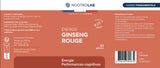 Étiquette du flacon Énergie Ginseng Rouge Nootrolab, indiquant ingrédients, posologie et bienfaits pour l’endurance et l’immunité naturelle.