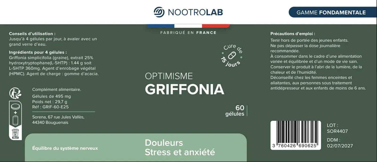 Étiquette du complément Griffonia 5-HTP Nootrolab, indiquant les ingrédients, posologie et bienfaits contre stress et anxiété.