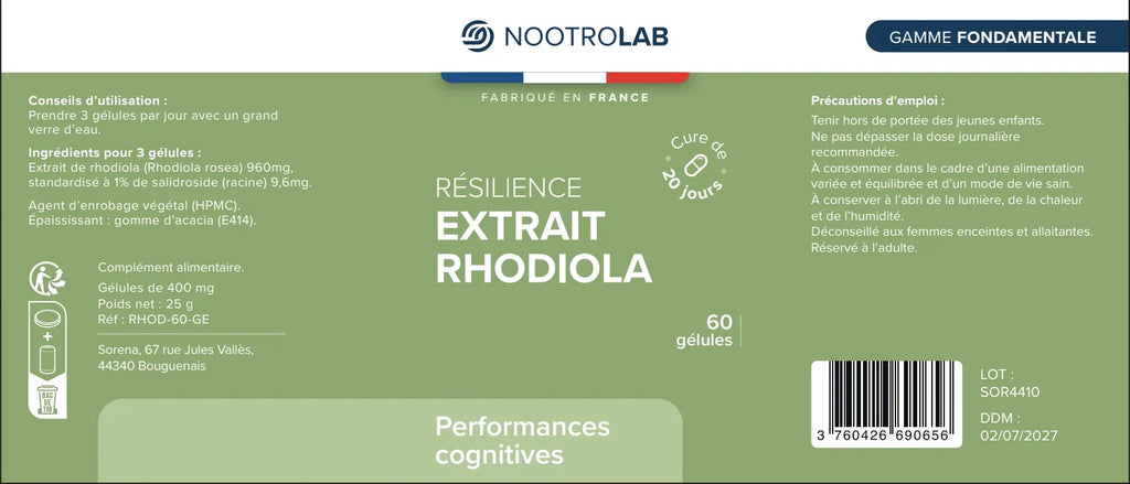 Étiquette du complément Rhodiola | Résilience au Stress & Équilibre Émotionnel de Nootrolab. Ingrédients, posologie et informations nutritionnelles.