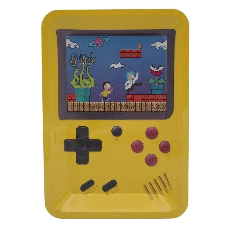 Plateau à rouler en acier jaune avec design rétro de console de jeu et personnages animés. Idéal pour les amateurs de style vintage.