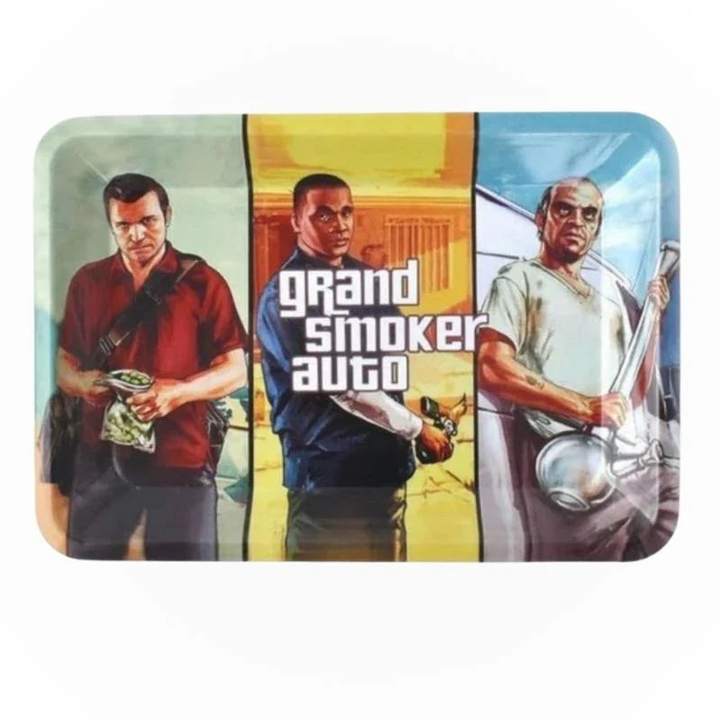 Plateau à rouler en acier avec design coloré inspiré de personnages et texte 'Grand Smoker Auto'. Idéal pour organiser vos accessoires.