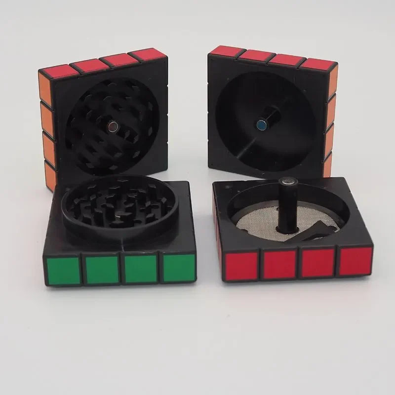 Grinder Rubik's Cube magnétique à 4 parties, design nostalgique et discret, idéal pour les amateurs d'accessoires fumeurs originaux.