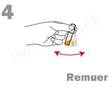 Illustration montrant une main tenant un flacon pour le Test Cannabis vs CBD NarcoCheck, avec une flèche indiquant un mouvement de remuage.