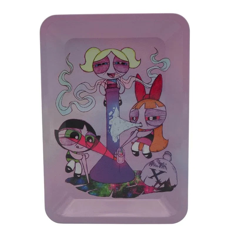 Plateau à rouler en acier avec design coloré et personnages animés, idéal pour le rangement et les accessoires liés aux produits CBD.