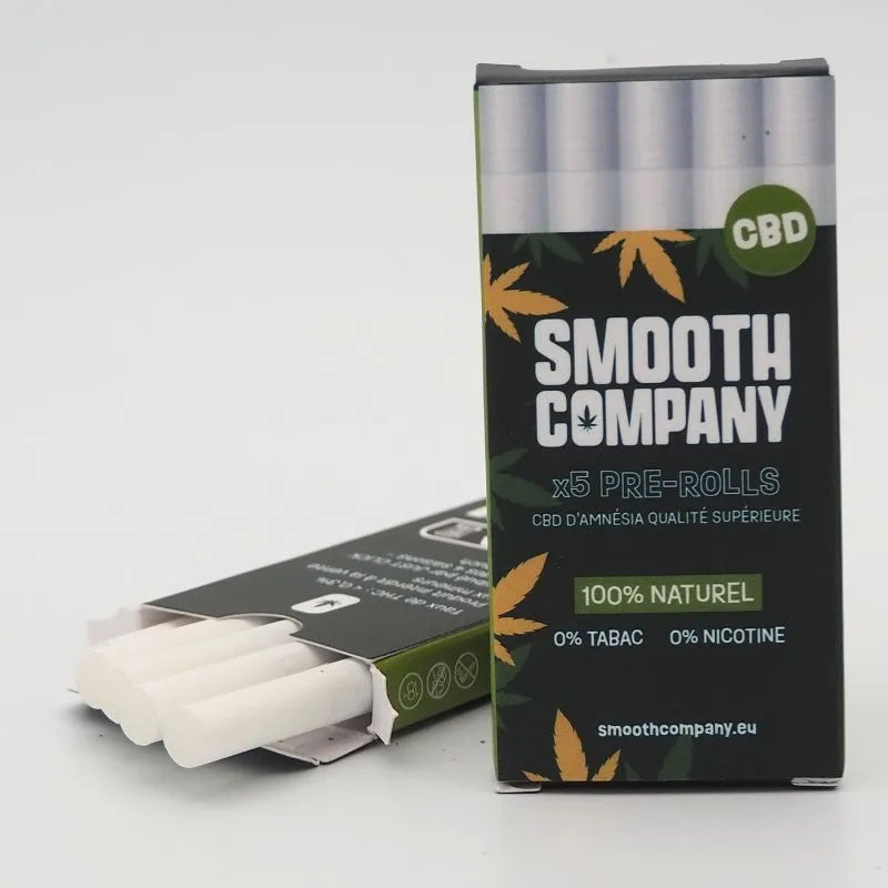 Boîte de 5 pré-rolls CBD Amnésia Smooth Company, 100% naturel, sans tabac ni nicotine, pour relaxation et sevrage. Discrétion garantie.