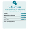Tableau des bienfaits du Cordyceps, mettant en avant l'énergie, la performance physique, le désir et l'immunité, riche en cordycepine.