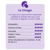 Infographie sur le Chaga, super aliment riche en antioxydants, idéal pour l'immunité, la digestion et la vitalité. Contient des vitamines B1, B2, B3, B5, D et K.