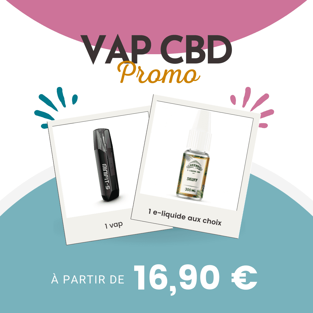 Pack CBD Vape Mini Fit Pod avec E-liquide Greeneo, compact et discret, idéal pour vapoter CBD. Offre promotionnelle à partir de 16,90 €.