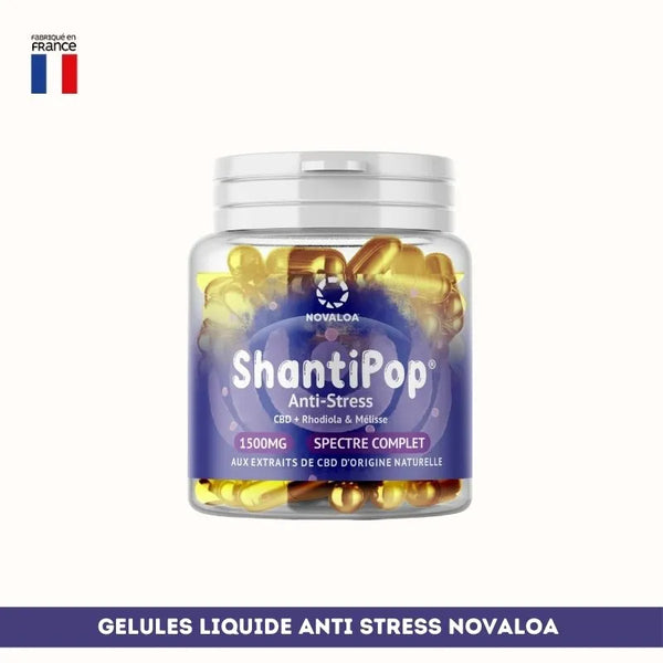 Gélules liquides anti-stress Shantipop Novaloa avec CBD, rhodiola et mélisse, 1500mg, spectre complet, fabriqué en France.