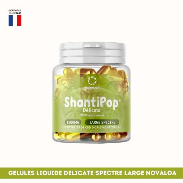 Gélules liquides CBD Shantipop Delicate spectre large Novaloa, 1500mg, extraits naturels de chanvre, pour anxiété, douleurs et sommeil.