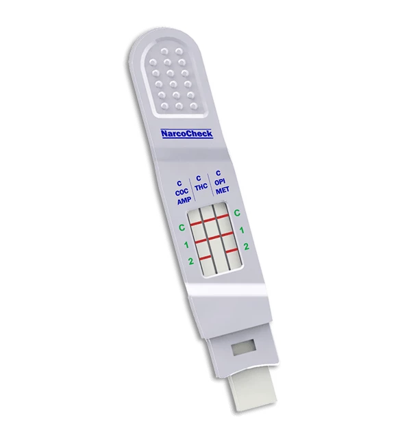 Test Salivaire Multi-Drogues NarcoCheck® pour dépistage rapide de 5 drogues majeures, avec indicateurs clairs et embout ergonomique.