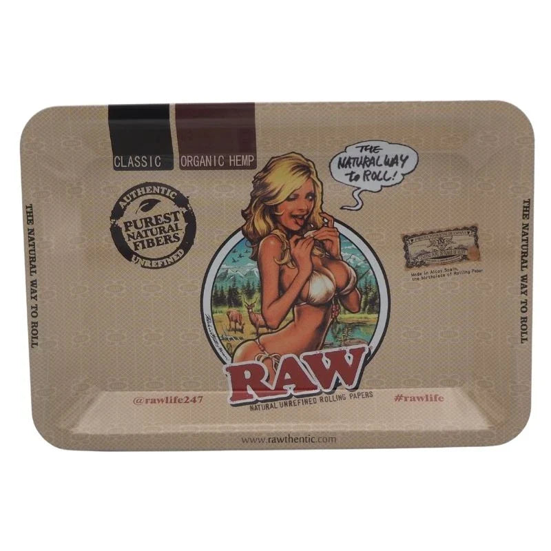 Plateau à rouler en acier design RAW avec illustration vintage et slogan 'The Natural Way to Roll'. Idéal pour les amateurs de produits CBD.
