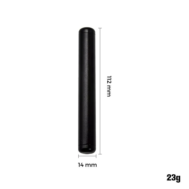 Tube de protection pré roll CBD en aluminium noir avec bouchon, idéal pour transporter et conserver les ouvrages de CBD en toute sécurité.