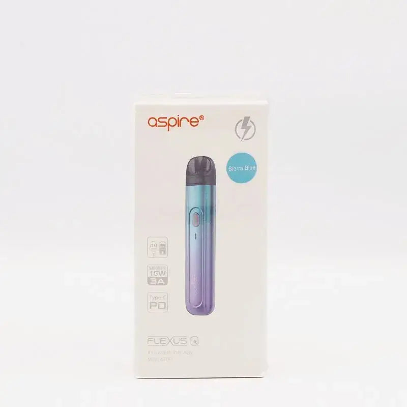 Cigarette électronique FLEXUS Q - ASPIRE en coloris Sierra Blue, avec recharge rapide Type-C et puissance 15W, idéale pour vapoteurs.