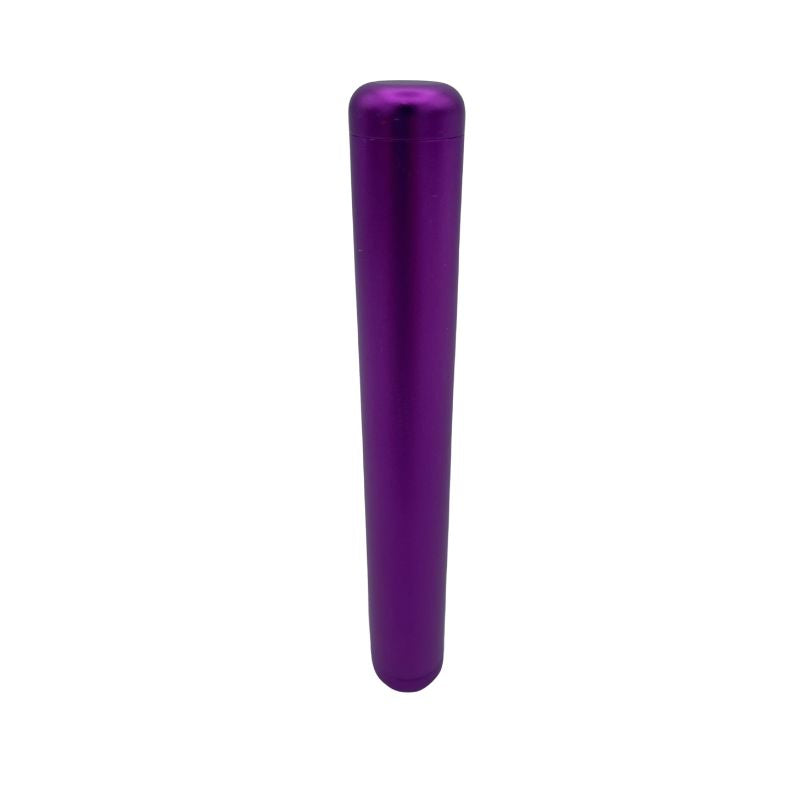Tube de protection pré roll CBD en aluminium violet avec bouchon, idéal pour transporter et conserver les ouvrages de CBD en toute sécurité.